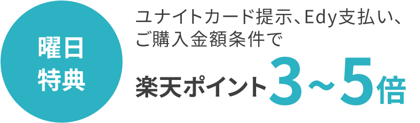 曜日特典 ユナイトカード提示、Edy支払い、ご購入金額条件で楽天ポイント3～5倍